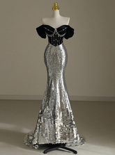Vestido de noche elegante de sirena con lentejuelas plateadas y hombros descubiertos con cuentas Y7613